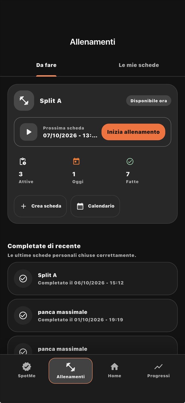 Schermata Allenamenti di SpotMe con le schede personali